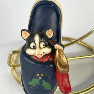 Cute Cat In Slipper Christmas Ornament Vintage Hard Plastic